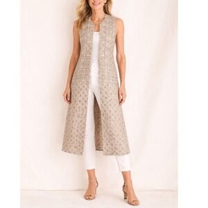 Soft Surroundings Duster Vest Women One Size Beige Boho Beaded Cotton Lagenlook